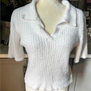 White Fuzzy Polo Collar Old Money Short Sleeve Sweater Top